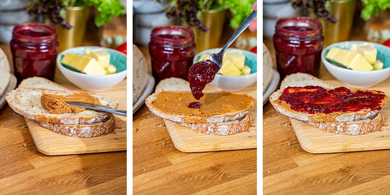 Levitä toiselle leipäviipaleelle maapähkinävoi ja hillo (voipuoli ylöspäin) Spread Your Peanut Butter And Jam On One Piece Of Bread (Butter-side Up)