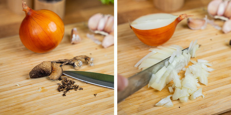 Silppua sipulit, sienet ja valkosipuli. Kuumenna kattilassa öljy Chop The Onions, Mushrooms, And Garlic. Heat Oil In The Pot