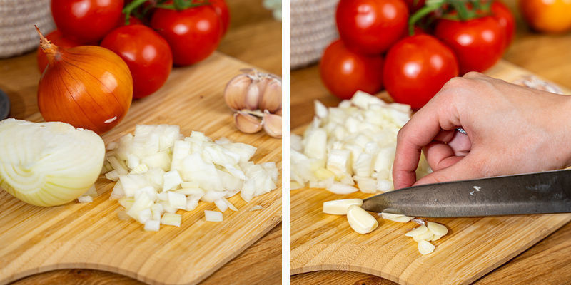 Pilko sipulit, valkosipuli ja tomaatit (jos käytät tuoreita). Jätä sivuun Chop The Onions, Garlic, And Tomatoes (If You’re Using Fresh Ones). Leave Them Aside