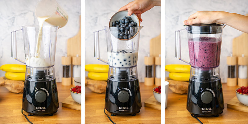 Add milk to the blender and gradually pour in blueberries. Pulse until combined. Add milk to the blender and gradually pour in blueberries. Pulse until combined.