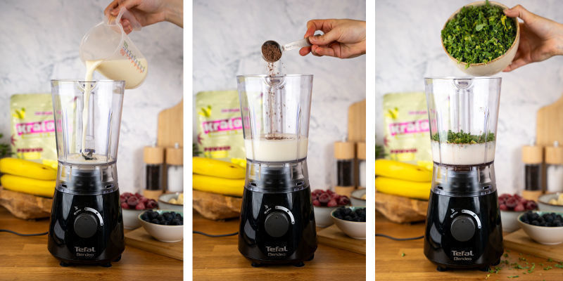 Lisää tehosekoittimeen kaakaojauhe, kaneli, maito ja raakalehtikaali. Add the cocoa powder, cinnamon, milk, and raw kale to the blender.