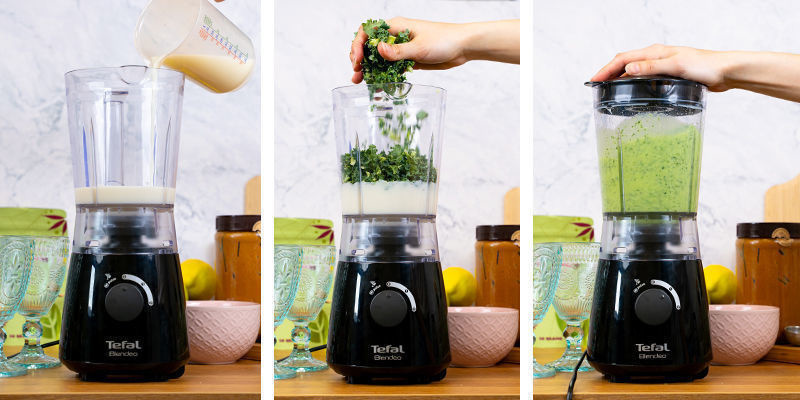 Lisää maito ja lehtikaali tehosekoittimeen ja pulssaa. Add milk and kale to the blender and pulse.