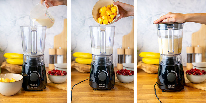 Lisää maito ja hedelmät tehosekoittimeen ja pulssaa, kunnes seos on tasainen. Add milk and fruit to the blender and pulse until combined.