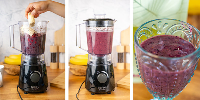 Add chopped banana to mixture and blend on low. Add chopped banana to mixture and blend on low.