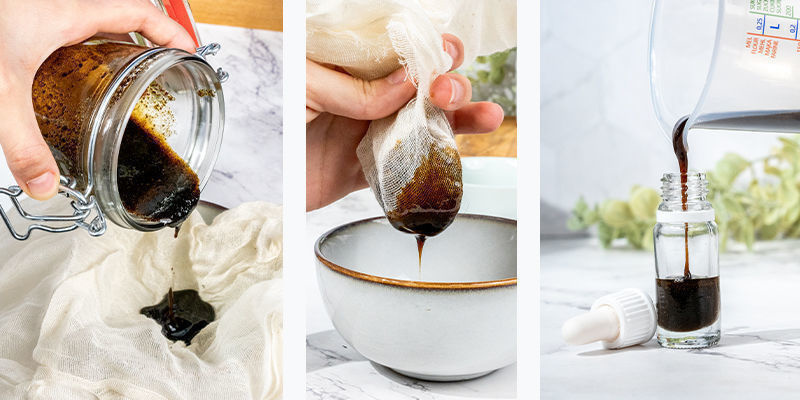 Nyt tinktuura täytyy siivilöidä harsokankaan läpi Now you'll need to strain your tincture through a cheesecloth