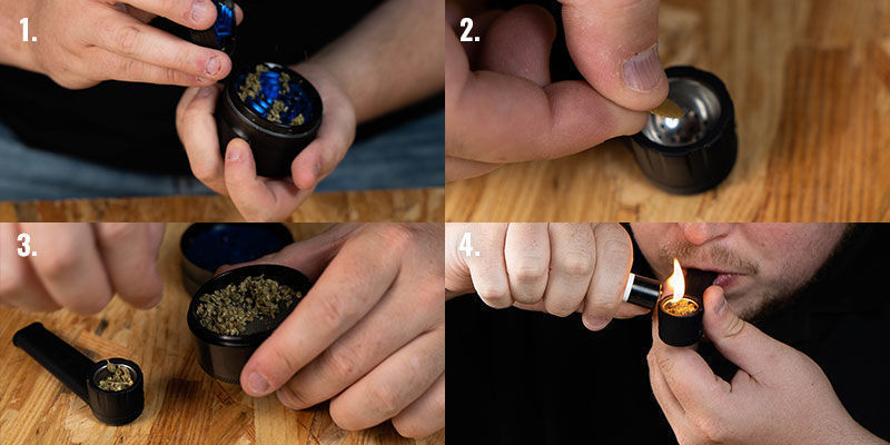 Kannabiksen polttaminen piipusta, vaiheet 1–4 Kannabiksen polttaminen piipusta, vaiheet 1–4