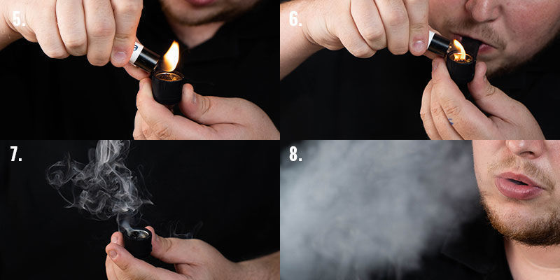 Kannabiksen polttaminen piipusta, vaiheet 5–8 Kannabiksen polttaminen piipusta, vaiheet 5–8